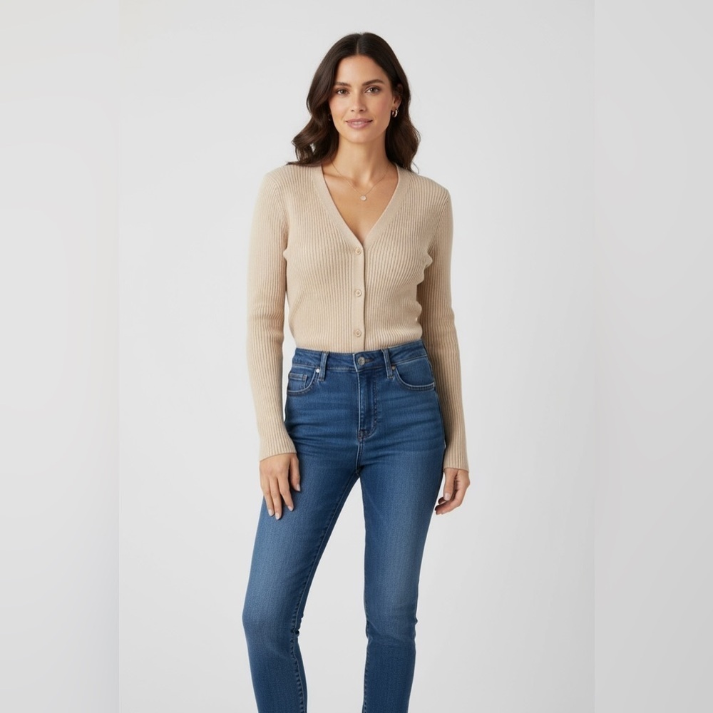 The Drop Beige Ribbed Knit Button Front Cardigan Women’s Size M